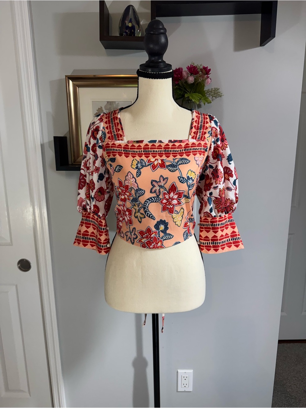 Vestique Floral Women’s Top with Red & Navy Accents